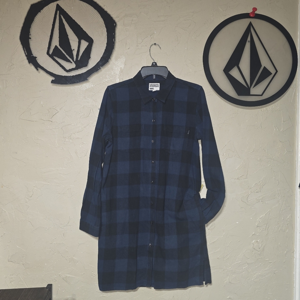 VANS Navy Blue Black Buffalo Plaid Flannel Button Down Tunic Shirt Dress Pockets - Picture 7 of 11